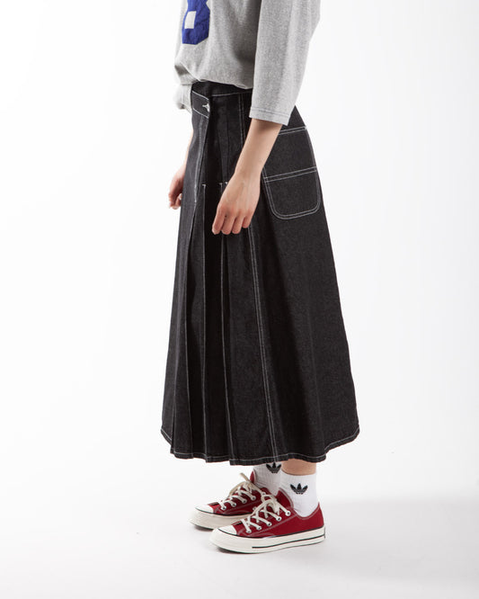 Beams Boy O. Wrap Pleated Skirt Black Denim