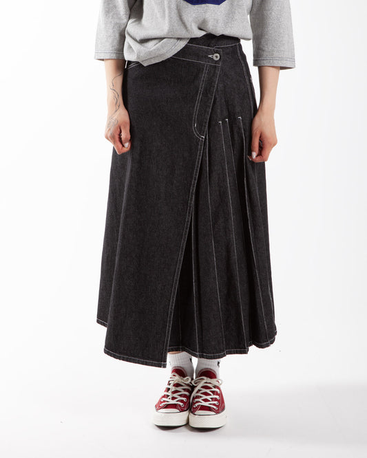 Beams Boy O. Wrap Pleated Skirt Black Denim