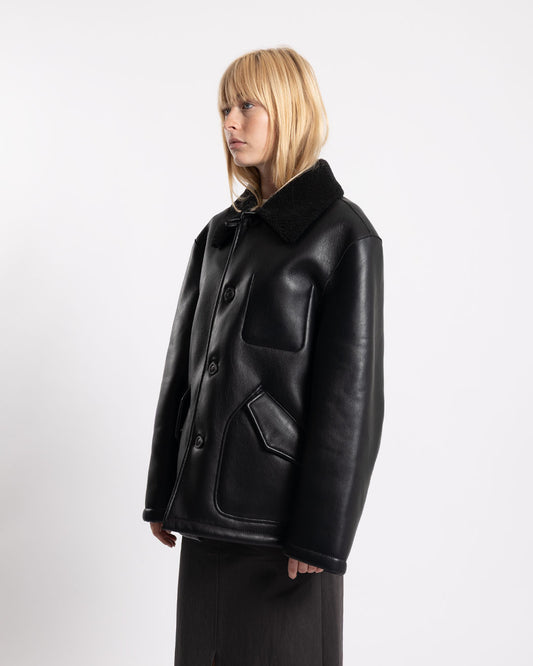 COOR Linking Binding Fake Shearling Half Coat Black