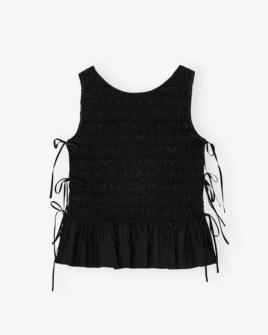 Ganni Cotton Poplin Smock Tie String Top Black
