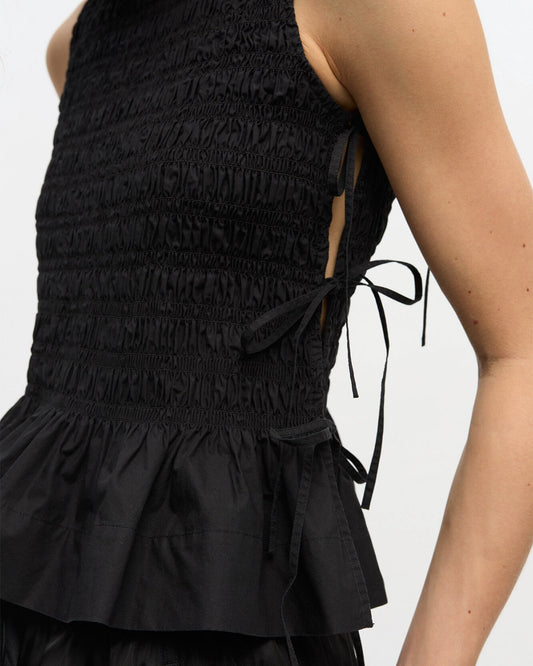 Ganni Cotton Poplin Smock Tie String Top Black