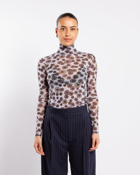 Maison Kitsuné Floating Flowers Mesh High Neck Top Lavender Design